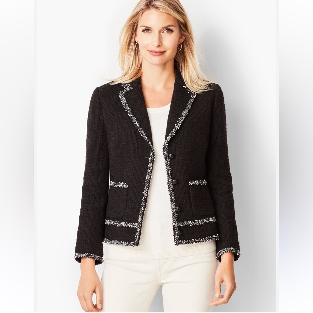 NEW Talbots Blue Tweed Blazer With White Trim Size 6